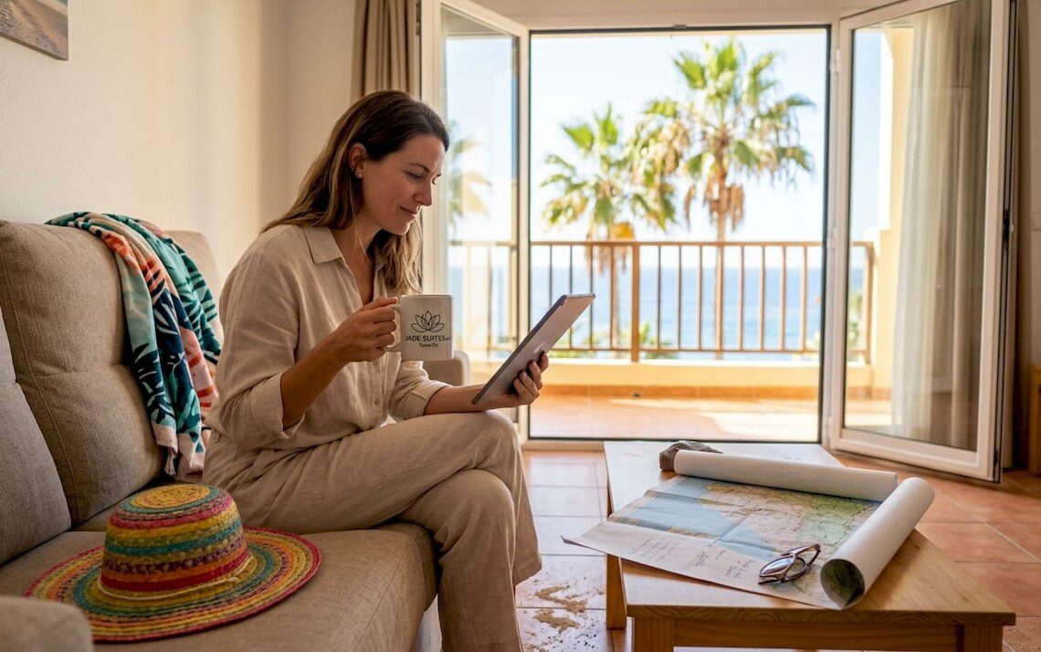 Gemütliches Ferienapartment: Im Wohnzimmer entspannt eine Reisende mit ihrem Tablet.
