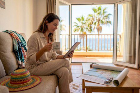 Gemütliches Ferienapartment: Im Wohnzimmer entspannt eine Reisende mit ihrem Tablet.