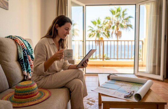 Gemütliches Ferienapartment: Im Wohnzimmer entspannt eine Reisende mit ihrem Tablet.