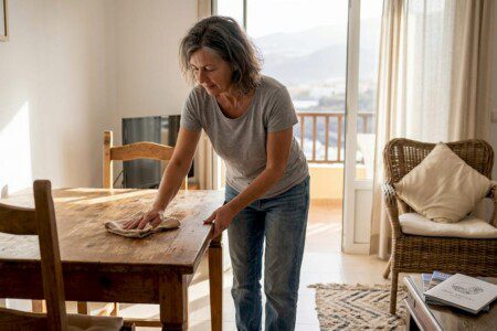 Eine Frau kontrolliert, ob die Ferienwohnung sauber ist.