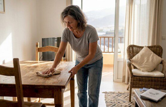 Eine Frau kontrolliert, ob die Ferienwohnung sauber ist.