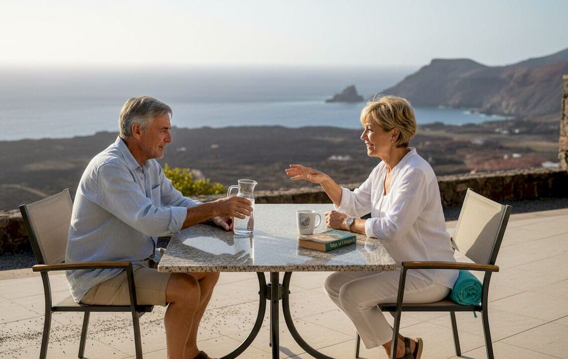 Ein Paar genießt die Sonne auf der Terrasse ihres Ferienhauses auf Teneriffa.