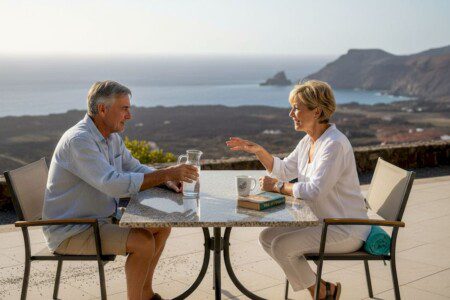 Ein Paar genießt die Sonne auf der Terrasse ihres Ferienhauses auf Teneriffa.