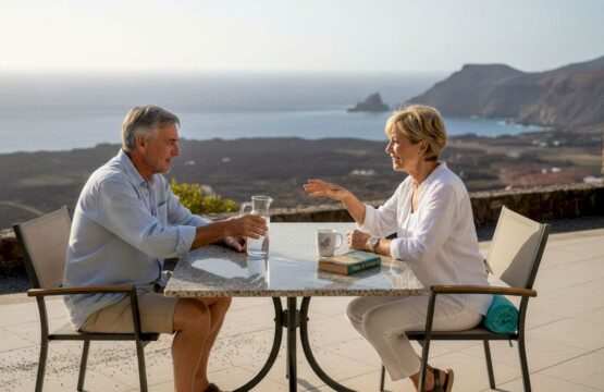 Ein Paar genießt die Sonne auf der Terrasse ihres Ferienhauses auf Teneriffa.