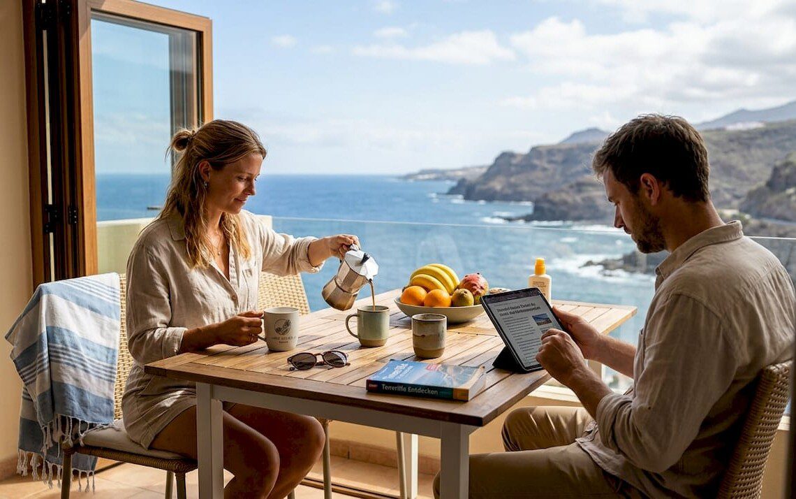 Ein Paar genießt gemeinsam eine Tasse Kaffee auf einer sonnigen Terrasse auf Teneriffa.