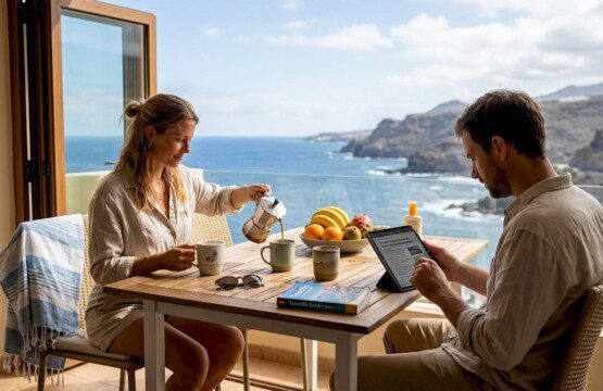 Ein Paar genießt gemeinsam eine Tasse Kaffee auf einer sonnigen Terrasse auf Teneriffa.