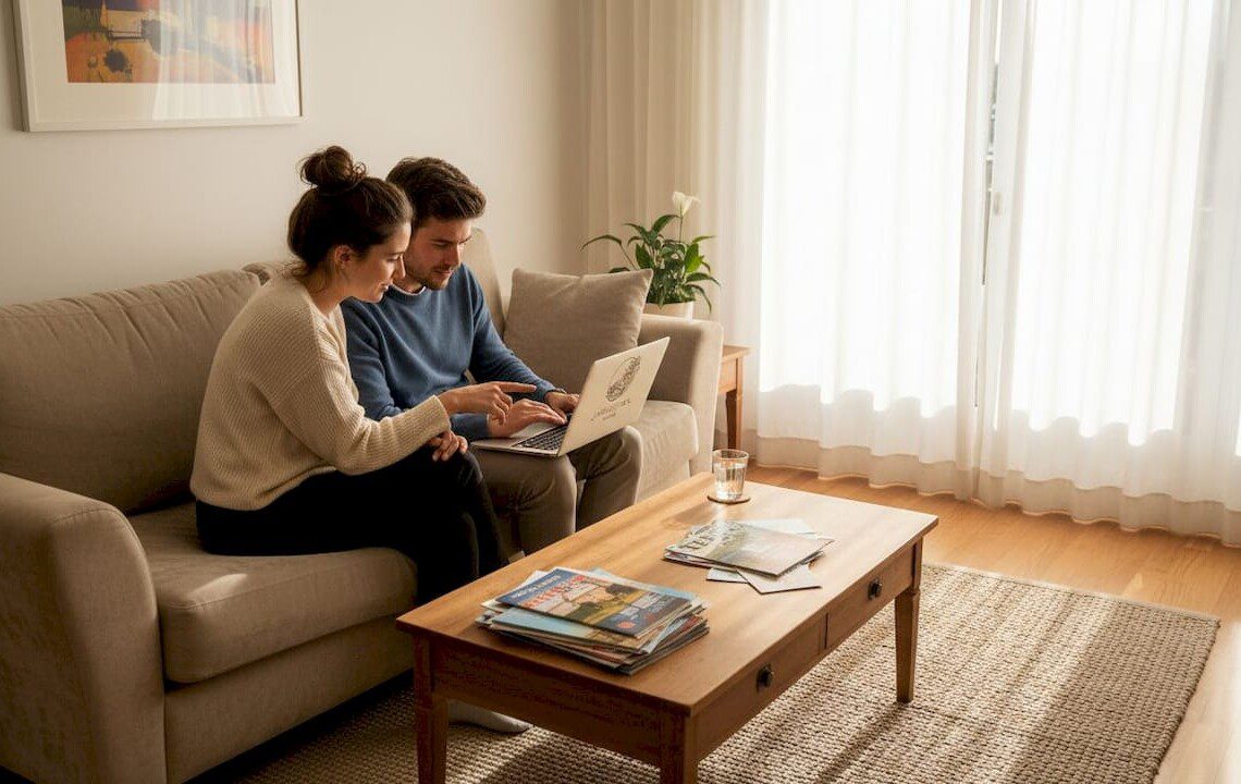 Ein Paar stöbert gemeinsam auf dem Laptop nach Ferienhäusern.