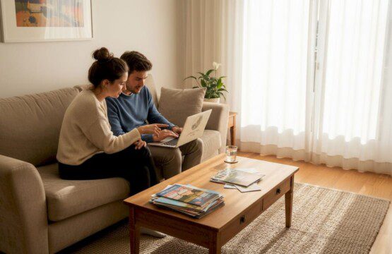 Ein Paar stöbert gemeinsam auf dem Laptop nach Ferienhäusern.