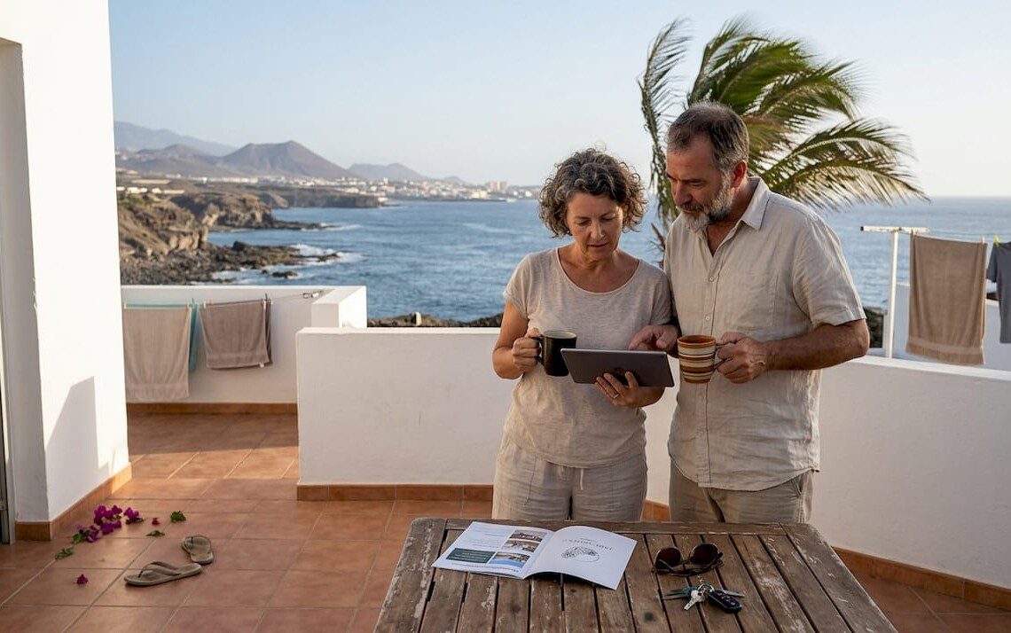 Ein Paar sitzt entspannt auf der Terrasse und stöbert gemeinsam nach passenden Ferienunterkünften.