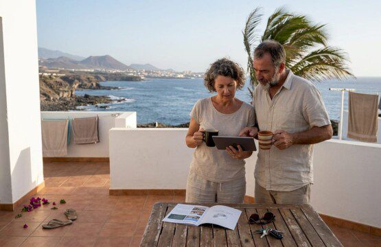 Ein Paar sitzt entspannt auf der Terrasse und stöbert gemeinsam nach passenden Ferienunterkünften.