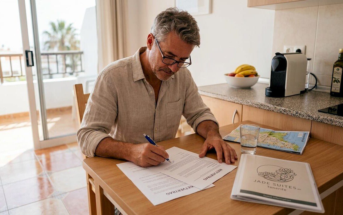 Ein Mann prüft die Mietunterlagen in seiner Ferienwohnung auf Teneriffa.