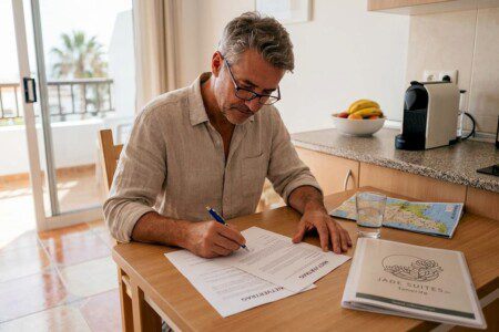 Ein Mann prüft die Mietunterlagen in seiner Ferienwohnung auf Teneriffa.