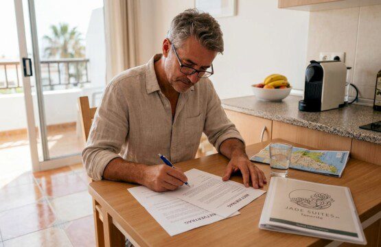 Ein Mann prüft die Mietunterlagen in seiner Ferienwohnung auf Teneriffa.