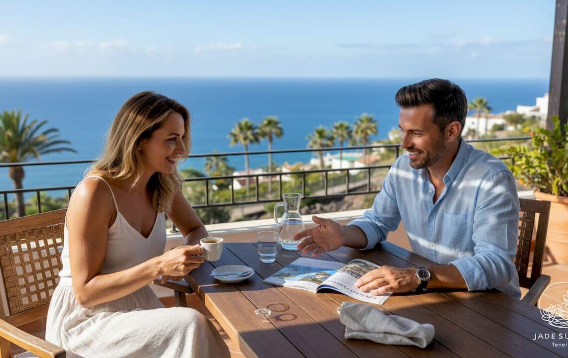Sonnige Terrasse einer Villa mit traumhaftem Blick auf die Küste Teneriffas
