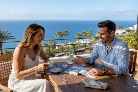 Sonnige Terrasse einer Villa mit traumhaftem Blick auf die Küste Teneriffas