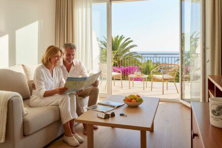Pärchen genießt den sonnigen Ausblick vom Balkon ihrer Ferienwohnung auf Teneriffa.