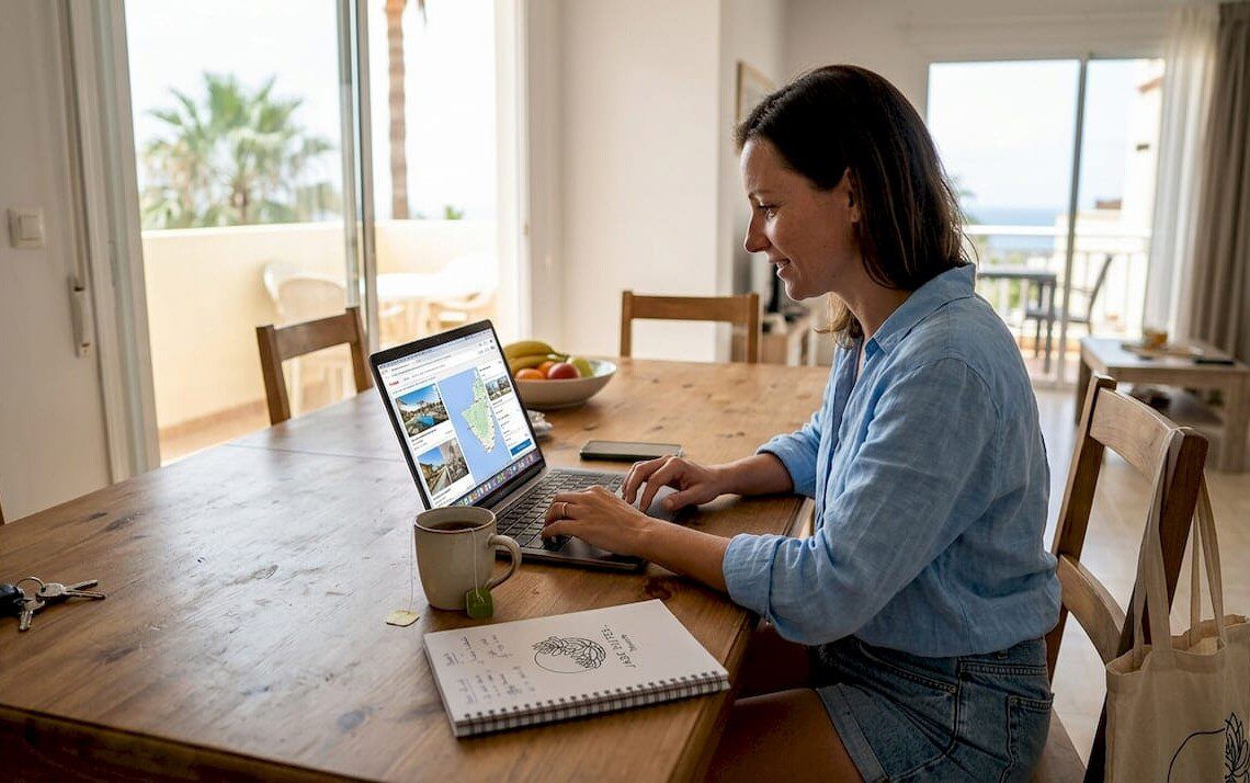 Eine Frau sitzt am Tisch und stöbert am Laptop nach passenden Ferienwohnungen.