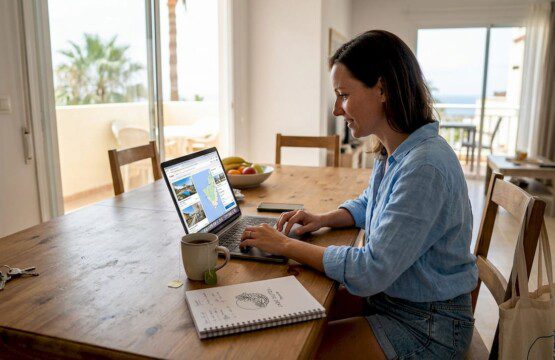 Eine Frau sitzt am Tisch und stöbert am Laptop nach passenden Ferienwohnungen.