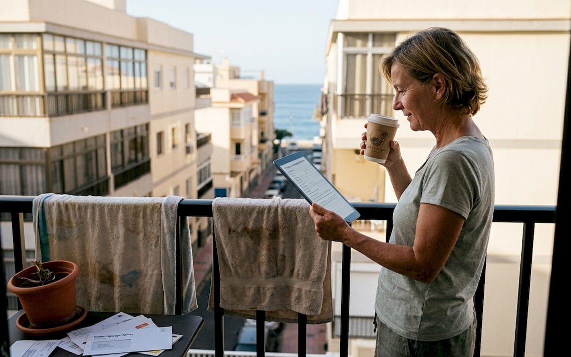 Ein Hauseigentümer in Teneriffa überprüft die Unterlagen für die Vermietung seiner Immobilie.