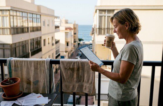 Ein Hauseigentümer in Teneriffa überprüft die Unterlagen für die Vermietung seiner Immobilie.