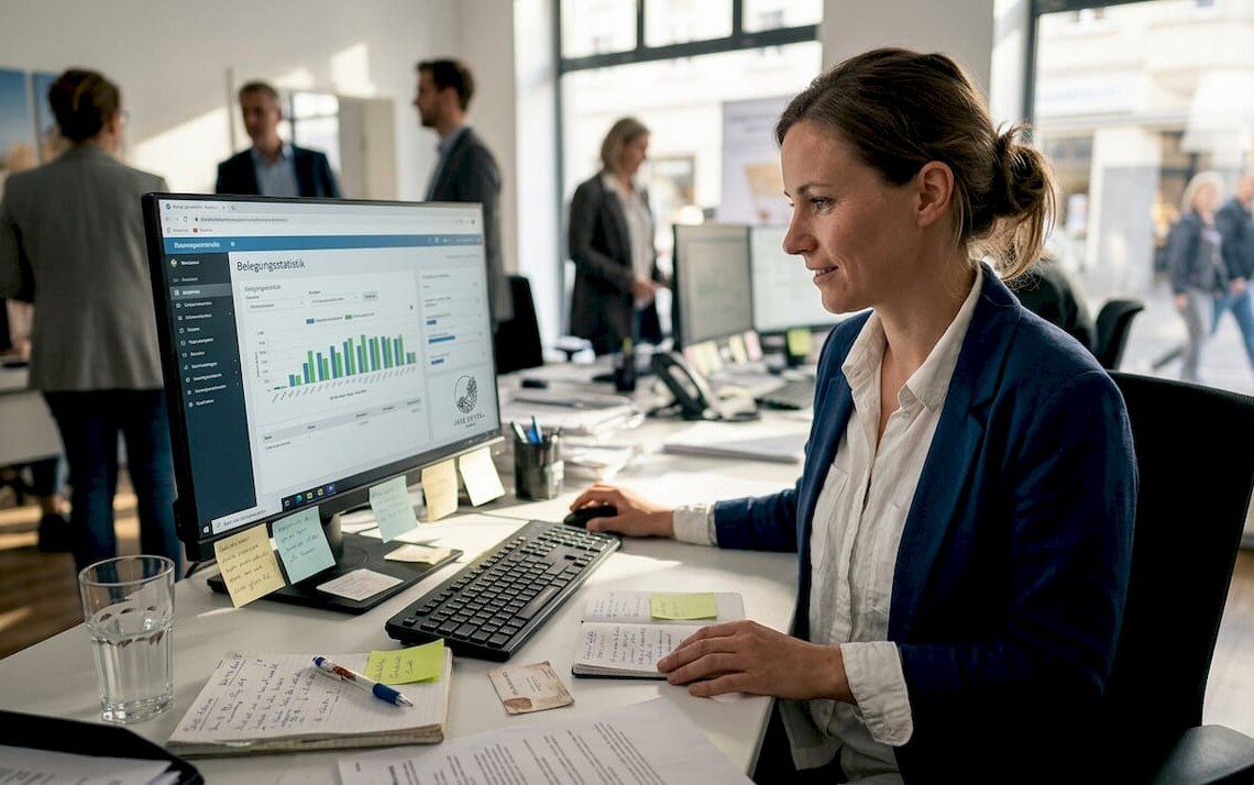 Eine Mitarbeiterin im Tourismusbüro wertet am Schreibtisch aktuelle Besucherzahlen aus.