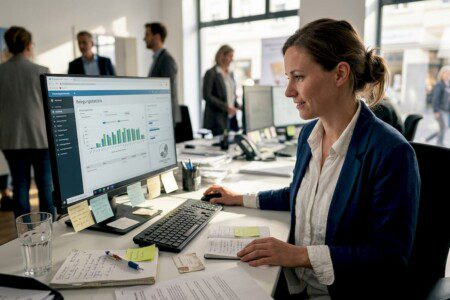 Eine Mitarbeiterin im Tourismusbüro wertet am Schreibtisch aktuelle Besucherzahlen aus.