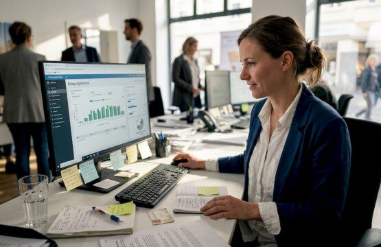 Eine Mitarbeiterin im Tourismusbüro wertet am Schreibtisch aktuelle Besucherzahlen aus.