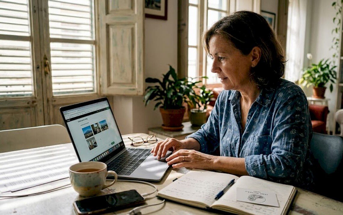 Die Vermieterin sitzt am Esstisch und feilt an ihrem Wohnungsinserat.