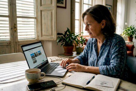 Die Vermieterin sitzt am Esstisch und feilt an ihrem Wohnungsinserat.