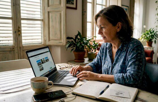 Die Vermieterin sitzt am Esstisch und feilt an ihrem Wohnungsinserat.