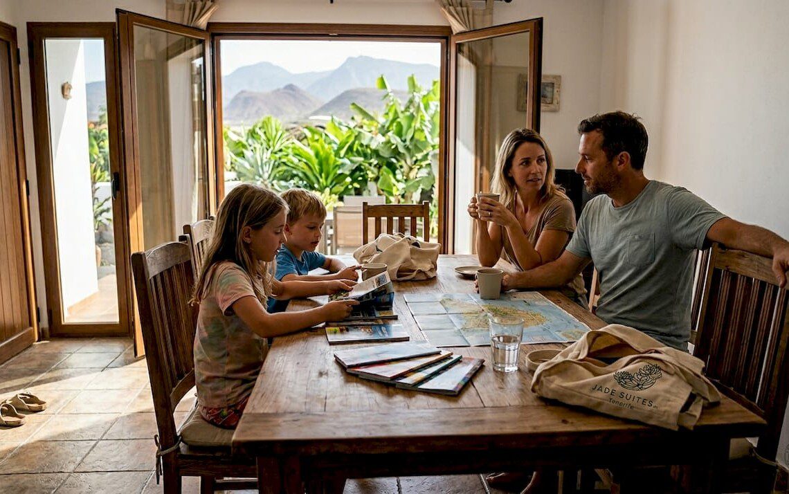 Eine Familie genießt gemeinsam das Frühstück im Ferienhaus auf Teneriffa.