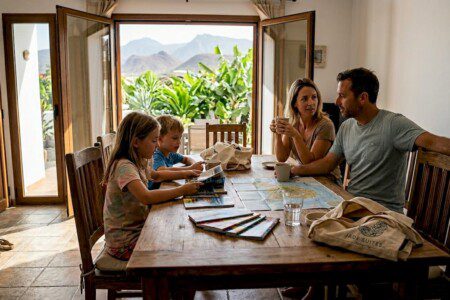 Eine Familie genießt gemeinsam das Frühstück im Ferienhaus auf Teneriffa.