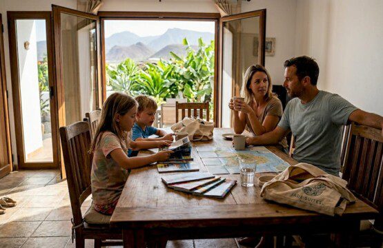Eine Familie genießt gemeinsam das Frühstück im Ferienhaus auf Teneriffa.