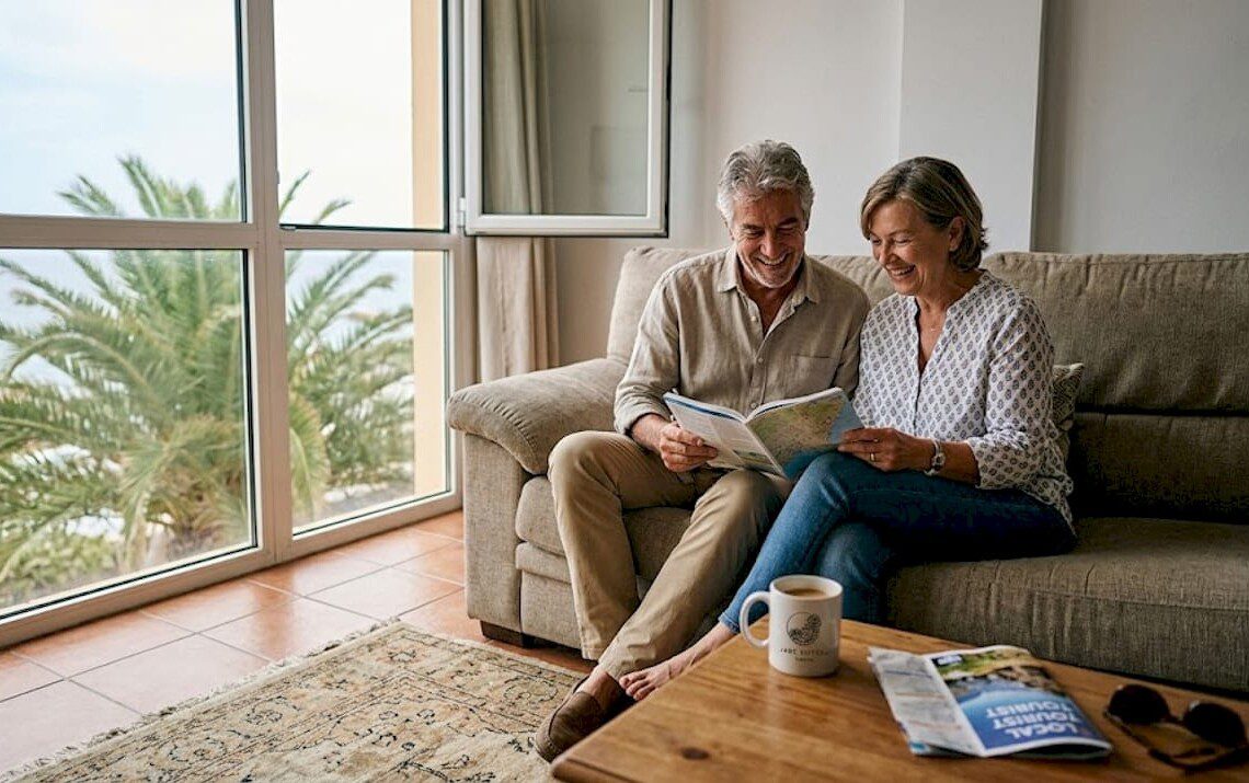 Ein Paar sitzt in seiner Ferienwohnung auf Teneriffa und schmiedet Pläne für den Urlaub.