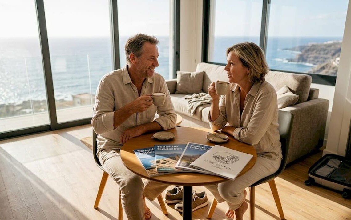 Ein Paar genießt entspannte Stunden in einem luxuriösen Apartment auf Teneriffa.