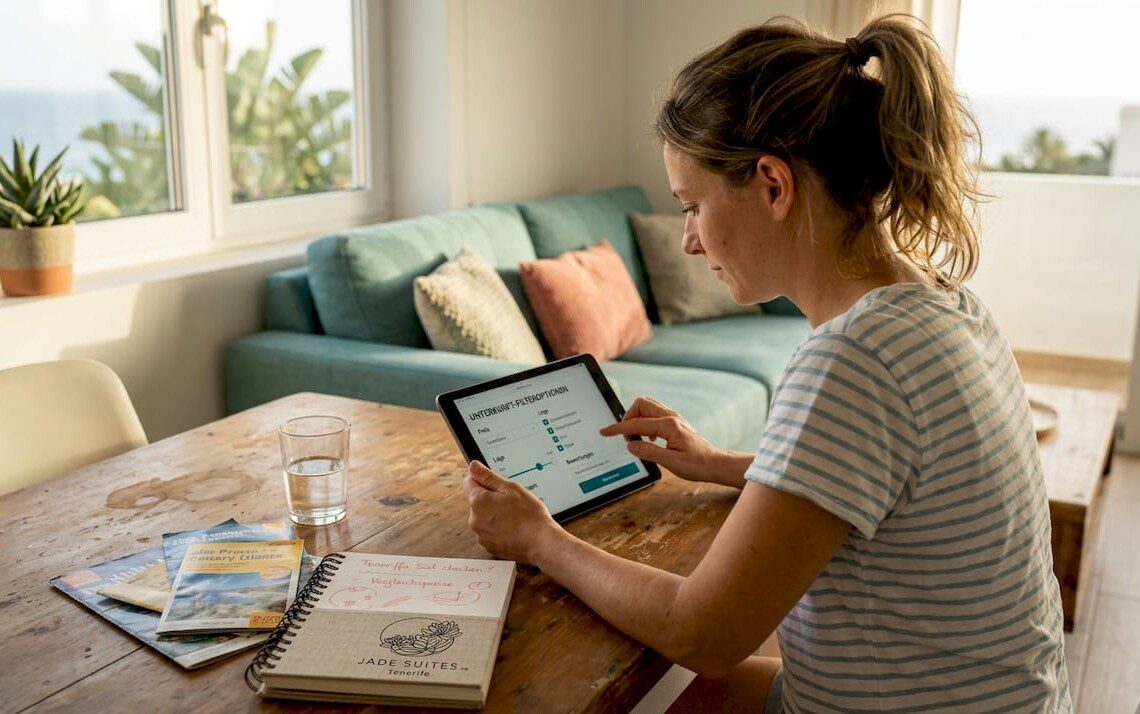 Eine Frau stöbert auf ihrem Tablet nach Ferienwohnungen und nutzt dabei verschiedene Filter, um die passende Unterkunft zu finden.