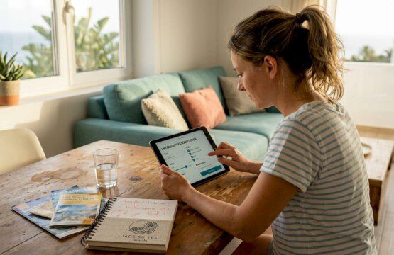 Eine Frau stöbert auf ihrem Tablet nach Ferienwohnungen und nutzt dabei verschiedene Filter, um die passende Unterkunft zu finden.