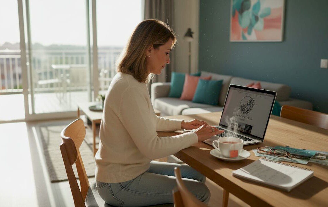 Eine Frau sitzt gemütlich im Wohnzimmer und bucht online ein Ferienhaus.