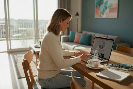 Eine Frau sitzt gemütlich im Wohnzimmer und bucht online ein Ferienhaus.