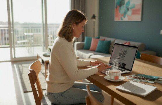 Eine Frau sitzt gemütlich im Wohnzimmer und bucht online ein Ferienhaus.