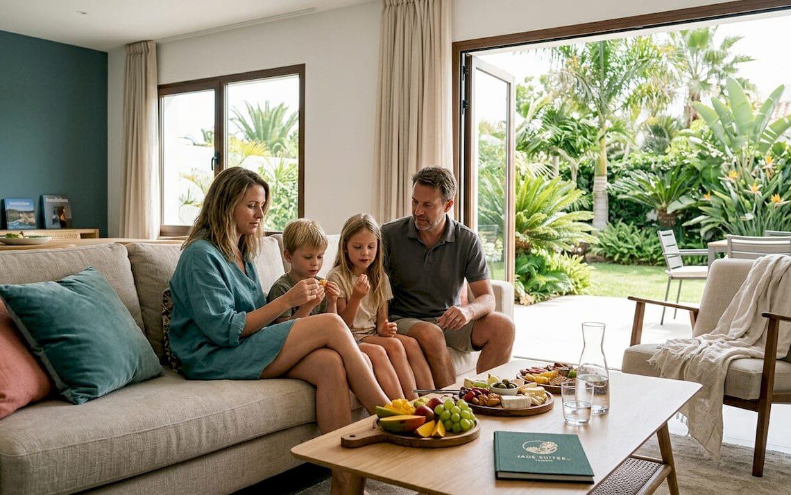 Eine Familie verbringt gemütliche Stunden zusammen im Wohnzimmer ihres Ferienhauses.
