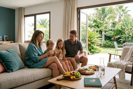 Eine Familie verbringt gemütliche Stunden zusammen im Wohnzimmer ihres Ferienhauses.