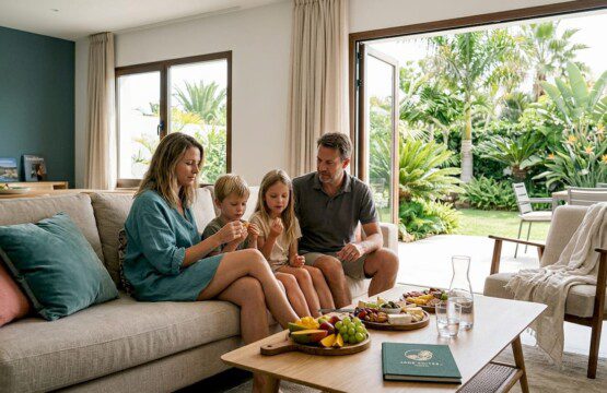 Eine Familie verbringt gemütliche Stunden zusammen im Wohnzimmer ihres Ferienhauses.