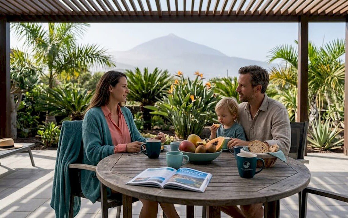 Gemeinsam genießen sie das Frühstück auf der sonnigen Terrasse ihres Ferienhauses auf Teneriffa.