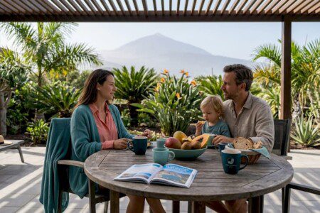 Gemeinsam genießen sie das Frühstück auf der sonnigen Terrasse ihres Ferienhauses auf Teneriffa.