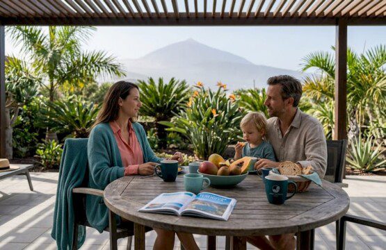 Gemeinsam genießen sie das Frühstück auf der sonnigen Terrasse ihres Ferienhauses auf Teneriffa.